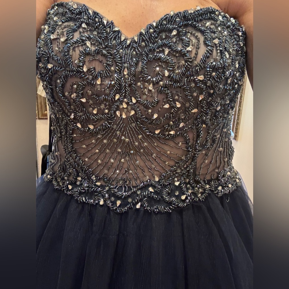Terani Couture Strapless Navy Beaded Dress